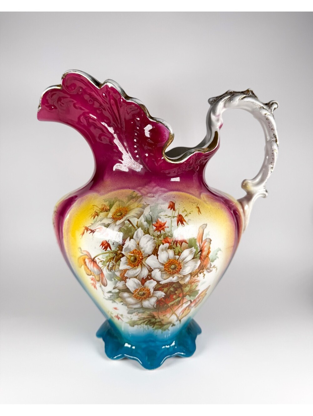 Antique Dresden Semi Porcelain Water Pitcher Magenta Yellow Blue Flower Pattern
